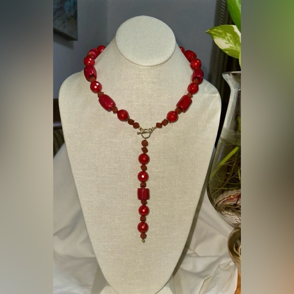 Red Agate Multi Shape Geometric Lariat Necklace - image 2